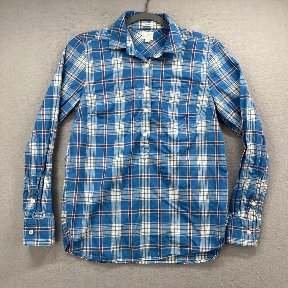 J. Crew Shirt Womens Small Blue Plaid Perfect Fit Long‎ Sleeve Pullover Popover